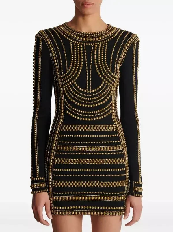 Seasonal Women’s Fashion Trends Gold-Stud-Embellished Black Mini Dress