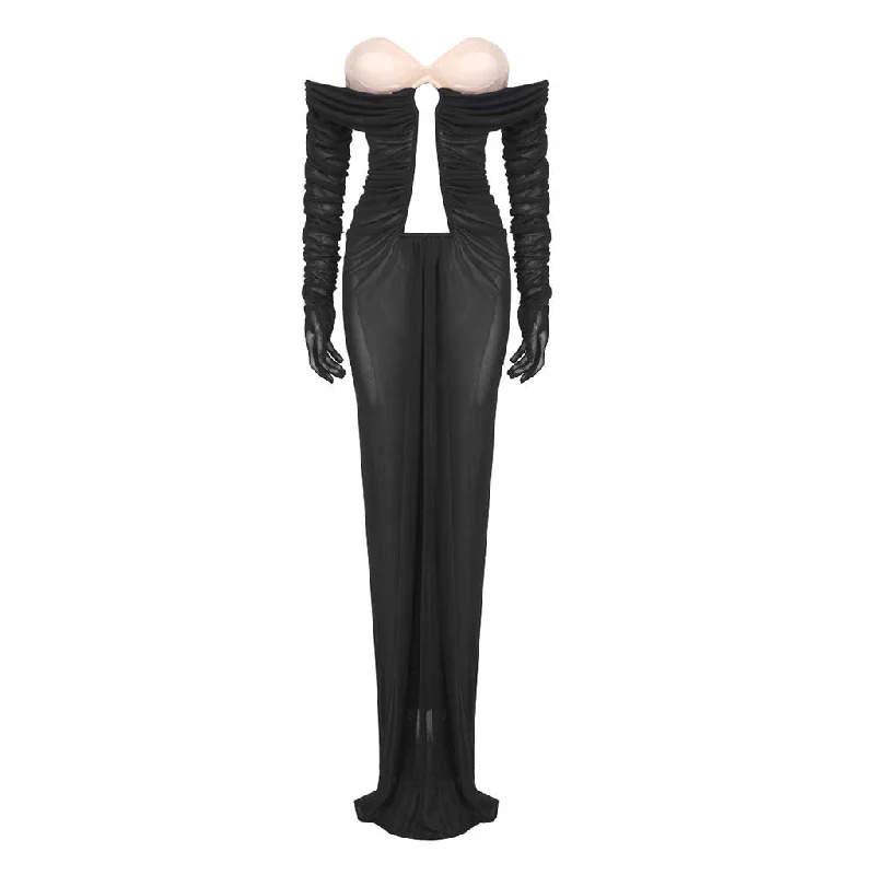 Fashion-forward Women’s Wear Sexy Bustier Off Shoulder Cutout Draped Ruched Mesh Sheer Maxi Dress