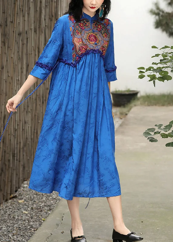 Versatile Wardrobe Essentials Elegant Blue Stand Collar Embroideried Floral Drawstring Satin Dress Long Sleeve