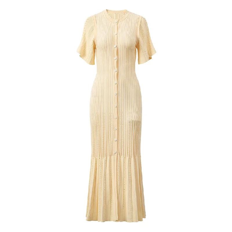 Limited Time Offer Elegant Pointelle Knit Sleeve Button Up Ribbed Pleated Fishtail Sweater Maxi Dress