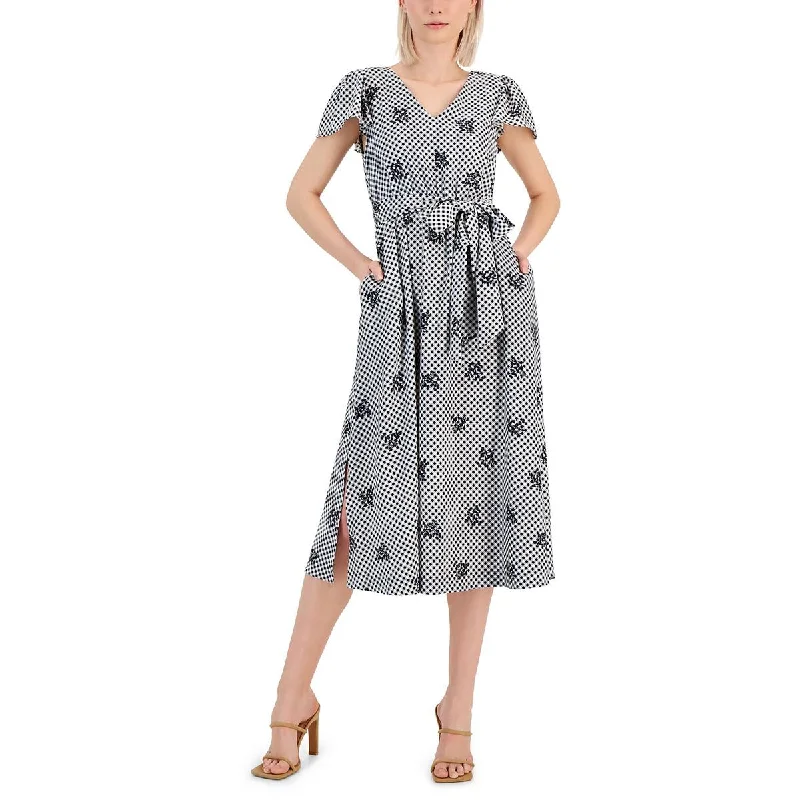 Daily Essentials Anne Klein Womens Gingham Slit Midi Dress