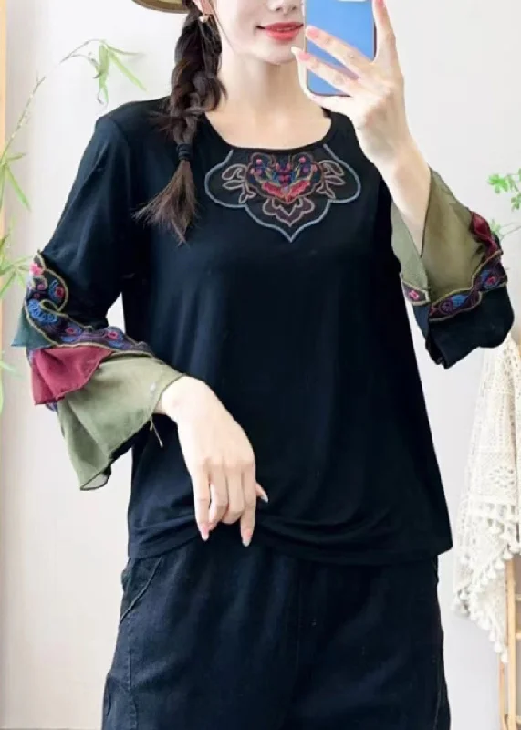 Browse Our Top Products Retro Black Embroidered Floral Tulle Patchwork Shirt Bracelet Sleeve