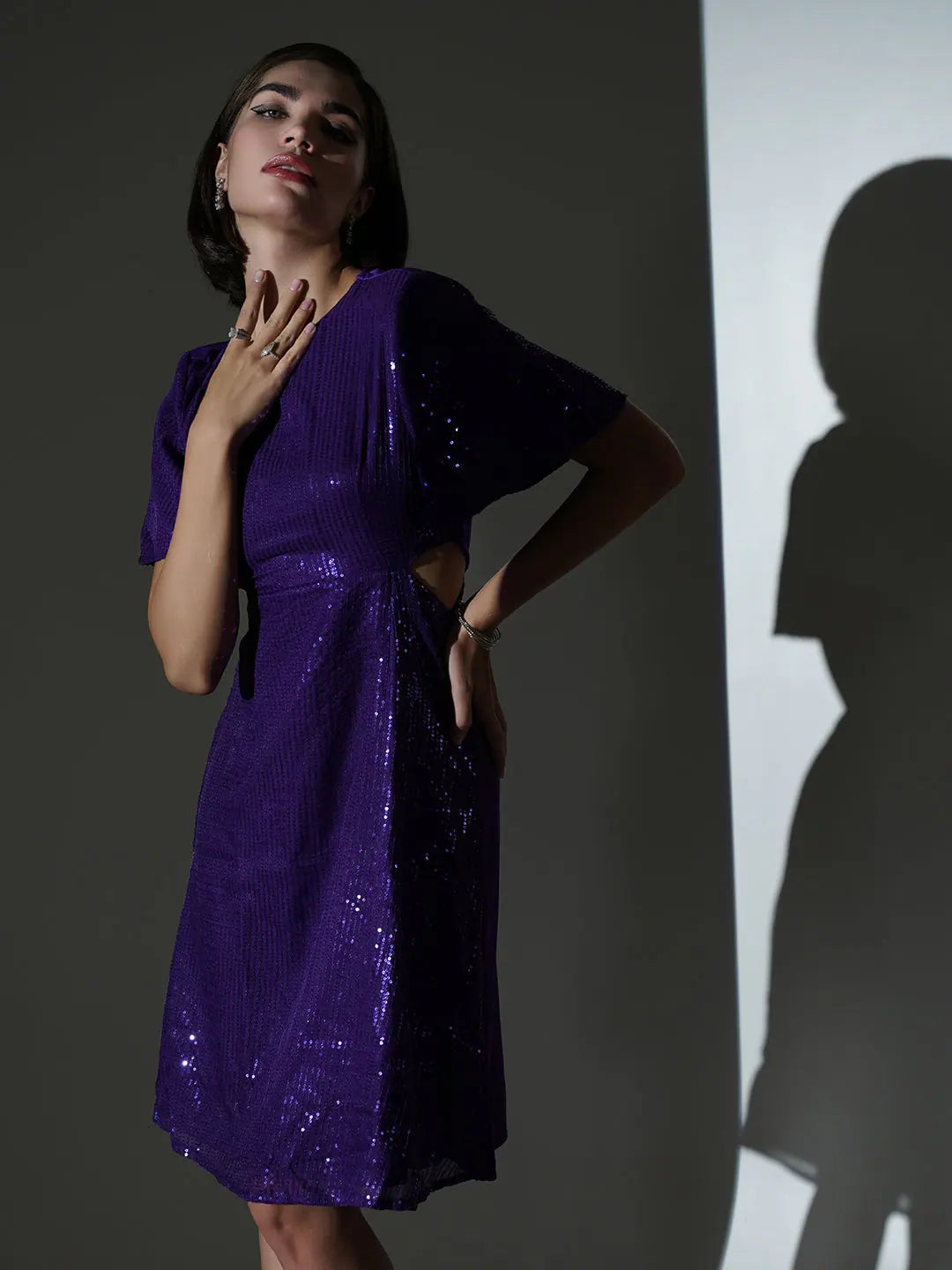 New Season Fashion Preview Women Purple Sequins Side Cut Out Midi Dress