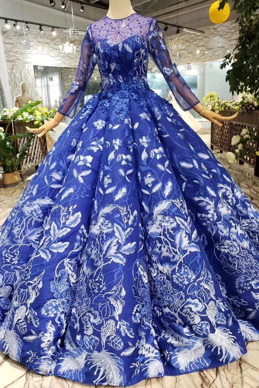 Fresh Styles, Fresh Deals Blue Ball Gown Floral Prom Dresses with Long Sleeves Appliqued Long Quinceanera Dresses N1638