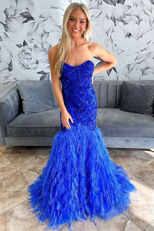 Versatile Women’s Clothing for All Occasions Royal Blue Feathers Beaded Strapless Trumpet Long Formal Gown