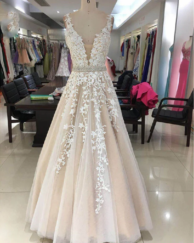 Flash Sale Starts Ivory/Champagne Lace A Line Prom Dresses Long Girls Graduation Gown PL5544