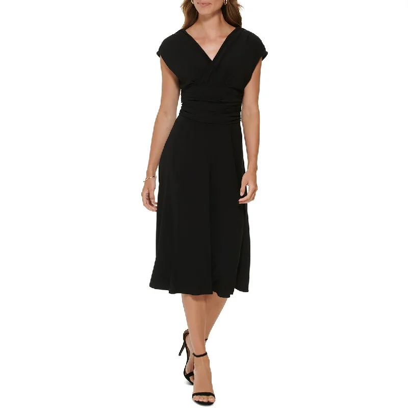 Unleash Your Trendy Side DKNY Womens Ruched V-Neck Midi Dress