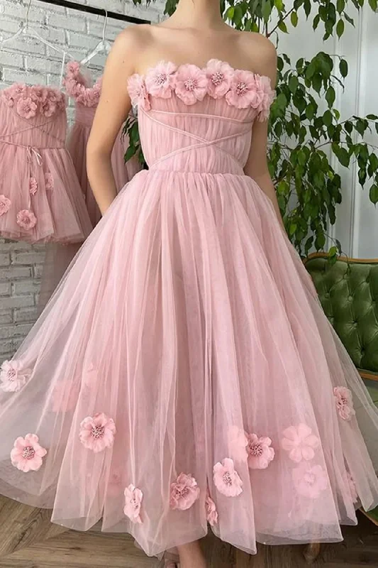 Limited Time Offer A Line Tea Length Pink Floral Appliques Prom Dresses OK1992