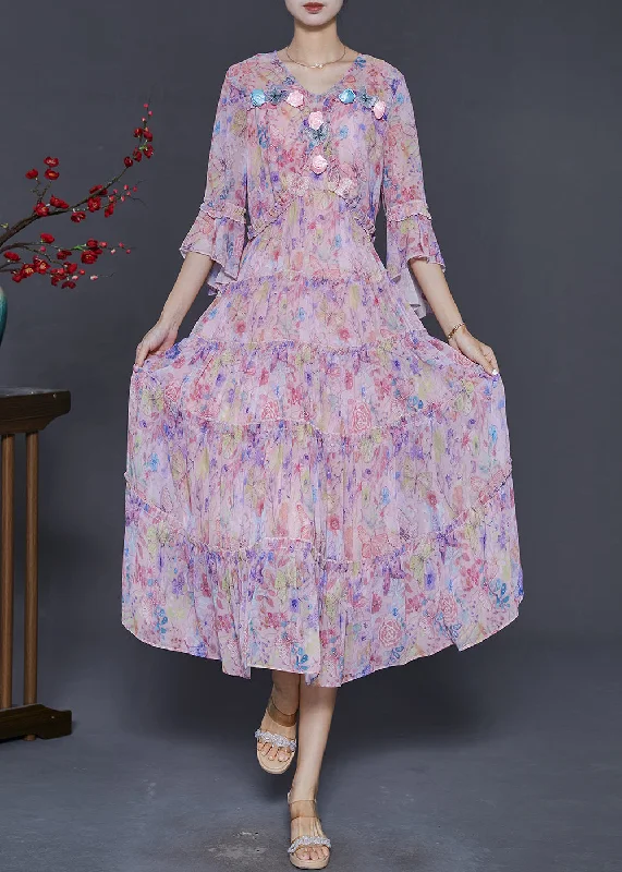 Comfortable Women’s Outfits Modern Pink Print Floral Butterfly Chiffon Dress Flare Sleeve