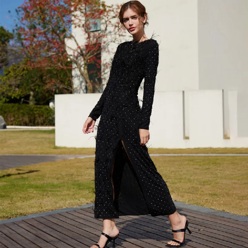 Chic And Trendy Elegant Faux Feather Rhinestone Mesh Long Sleeve High Split Evening Maxi Dress