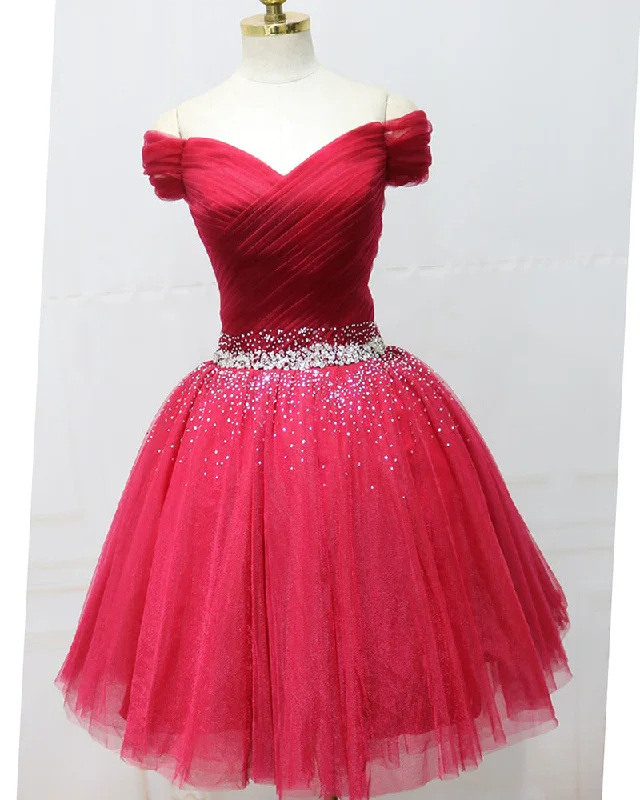 Stylish Dresses for Women Red Short Prom Dress off the Shoulder Girls 8th Graduation Homecoming  Gown with Beading Belt