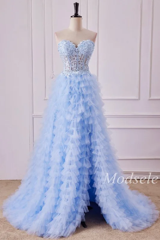 High-Quality Women’s Fashion Dresses Light Blue Appliques Strapless Ruffle Tiered Gown with Slit