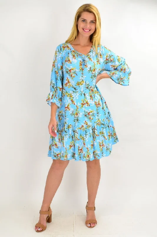 Affordable Women’s Clothing Online Sky Blue Floral Ruffle Sleeve Tunic Dress