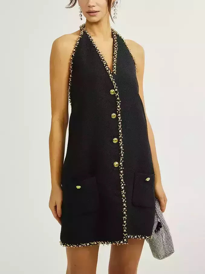 Casual Yet Stylish Separates Backless Black Embellished Halter-Neck Mini Dress