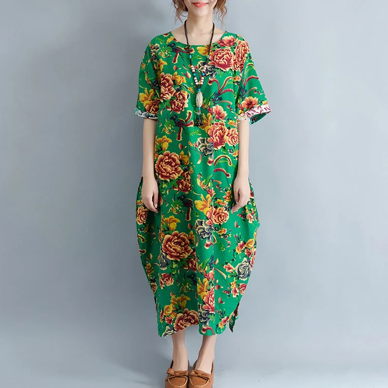 Elegant Women’s Clothing Online vintage green linen dresses oversized floral cotton gown Elegant short sleeve linen clothing dress