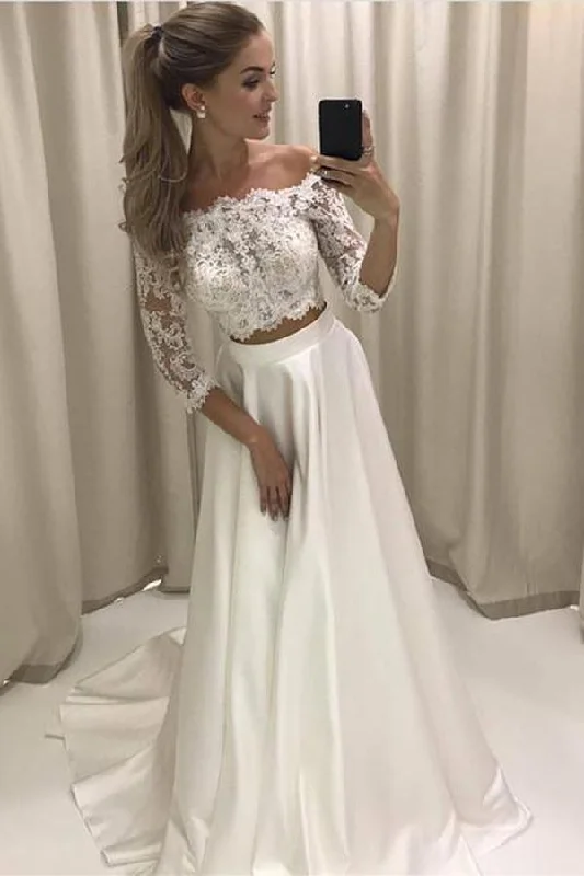 Women's Fashion Hotspots Roycebridal White Two Piece Lace Half Sleeve Boho Style Beach Wedding Dresses, MW230