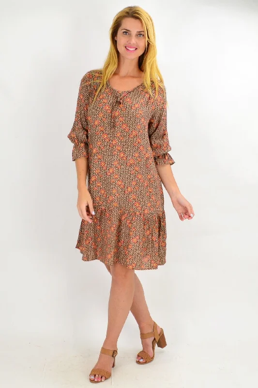 Early Bird Offer Retro Floral Ruffle Sleeve Tunic Dress