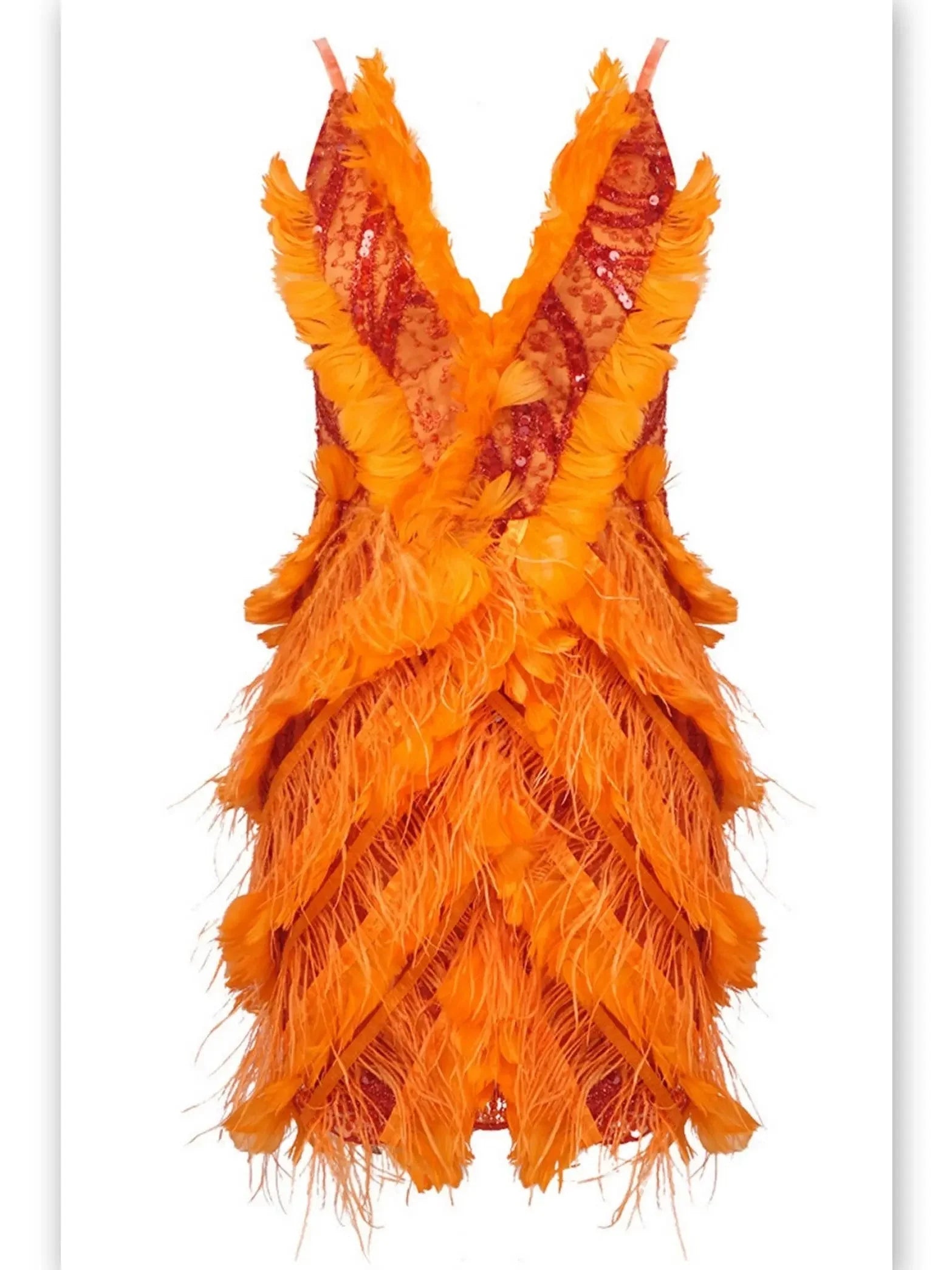 Daily Essentials Feather-Trim Sequin-Embellished Mini Dress in Orange