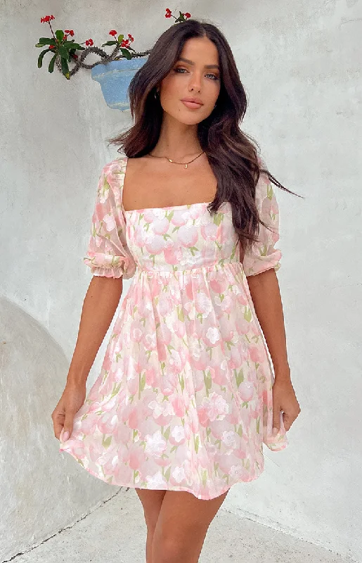 Explore What's New Rubi Pink Floral Babydoll Mini Dress