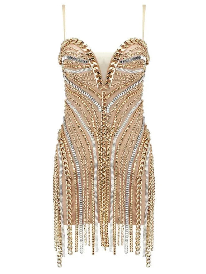 Plus Size Women’s Fashion Chain and Crystal-Embellished Mesh Mini Dress