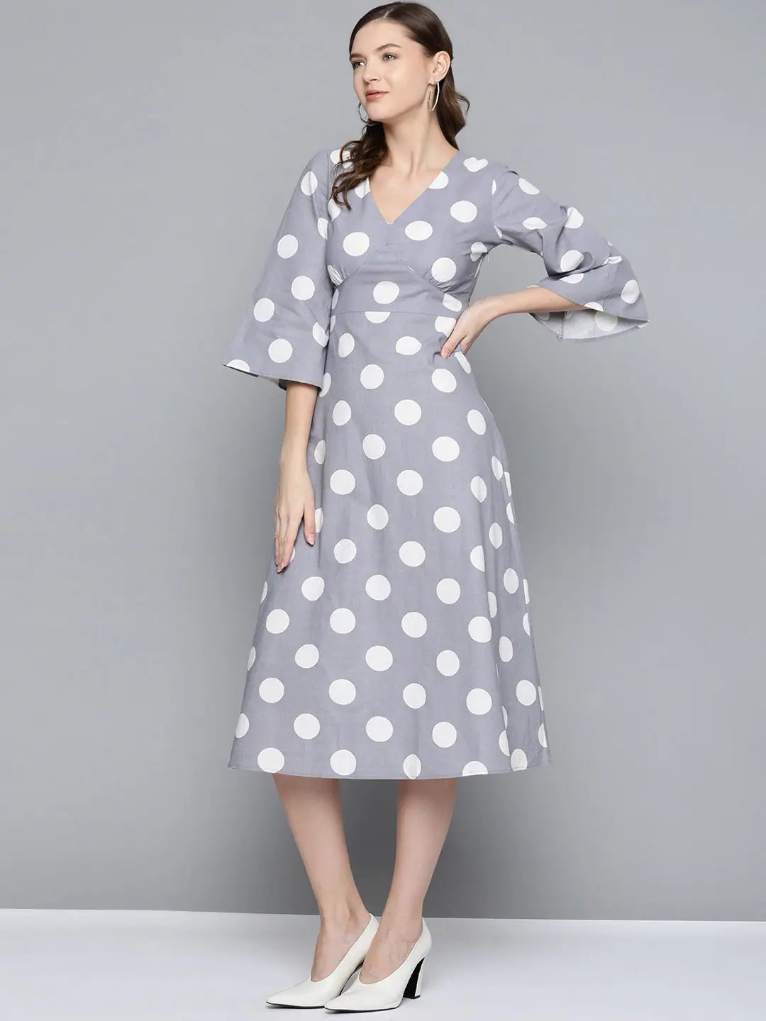 Mega Sales Grey & White Polka V-Neck Midi Dress