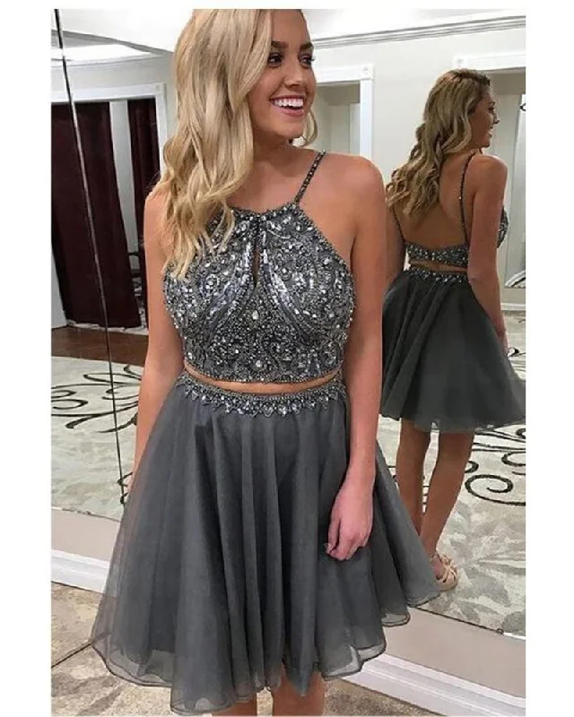 Casual Fashion for Women Grey Halter Beading Short Girls Prom Homecoming Dresses Crop Top Short Party Gown