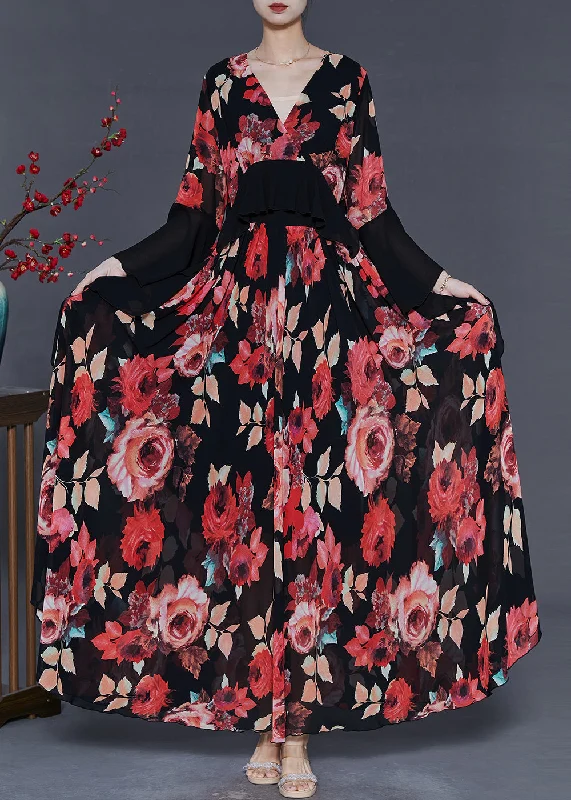 Casual Fashion for Women Boho Red Floral Patchwork Chiffon Maxi Dresses Spring