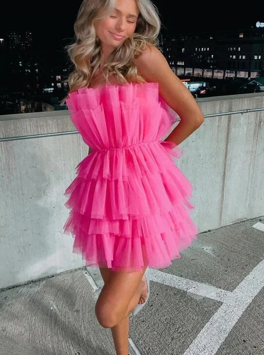 Outfits For Girls Bright Hot Pink Short Homecoming Dress Strapless Short Party Goown for Girls SP728