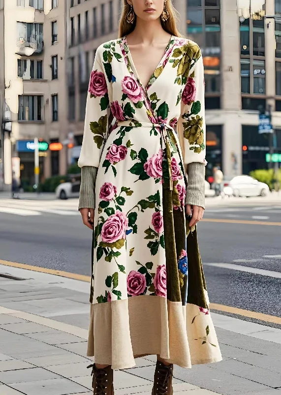 Exclusive Discounts Boho Apricot Floral Tie Waist Silk Velvet Long Dresses Spring