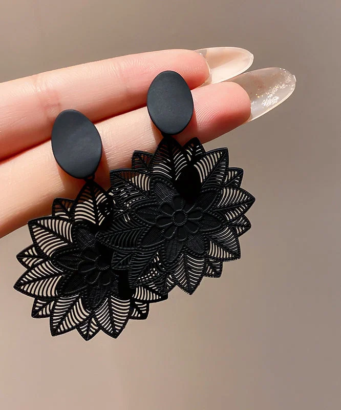 Trendy Attire For Her Stylish Black Sterling Silver Alloy Hollow Out Floral Drop Earrings