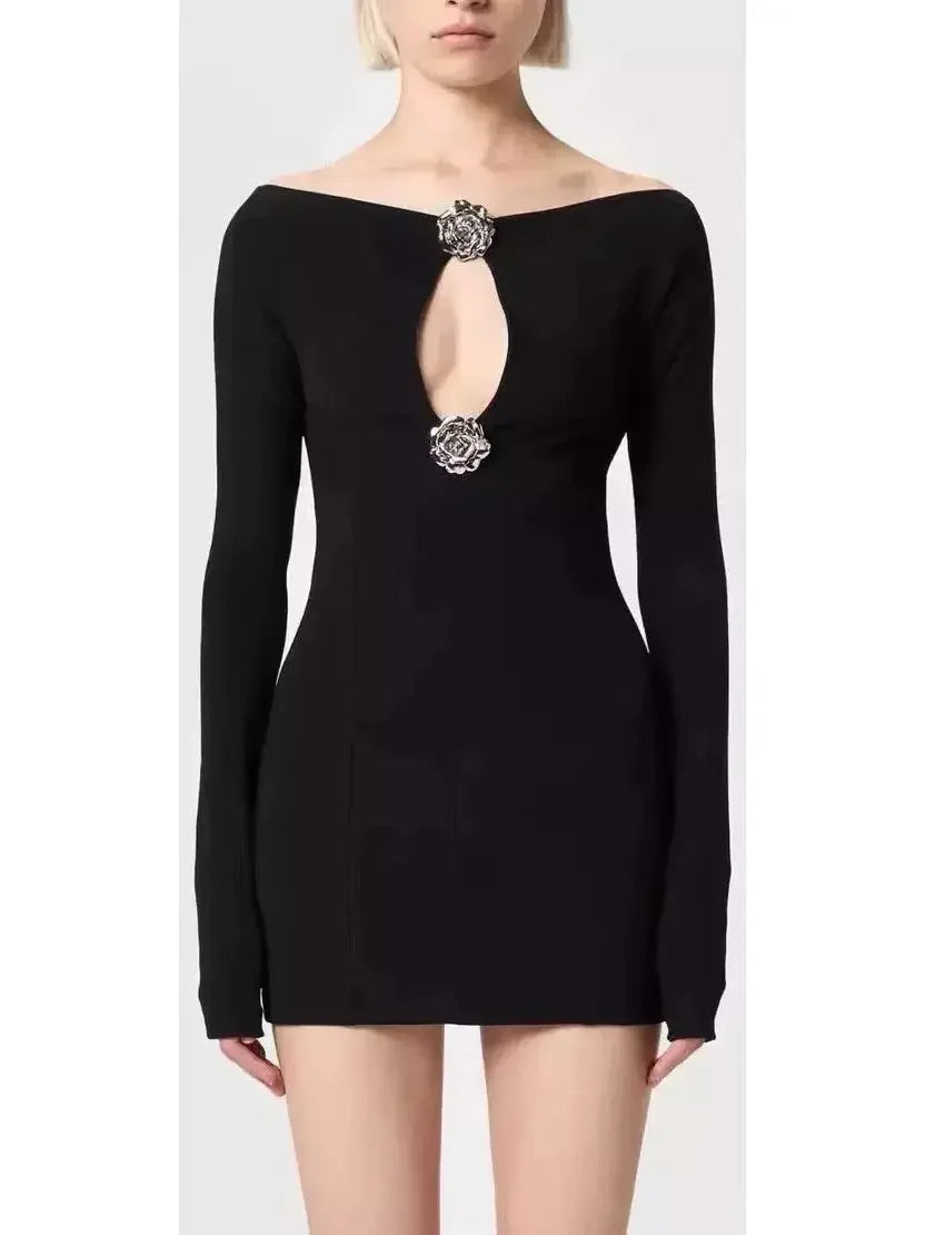 Limited Time Offer Rose Brooch Detail Black Mini Dress