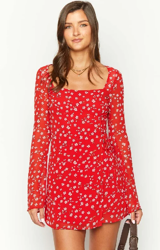 Innovate Your Wardrobe Goldie Red Floral Long Sleeve Mini Dress