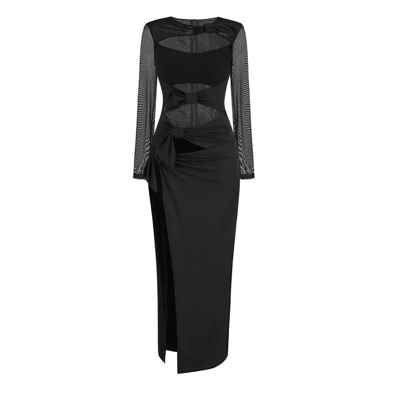 Limited Stock, Big Sale Offbeat Bow Knot Crew Neck Sheer Long Sleeve High Split Cutout Maxi Dress