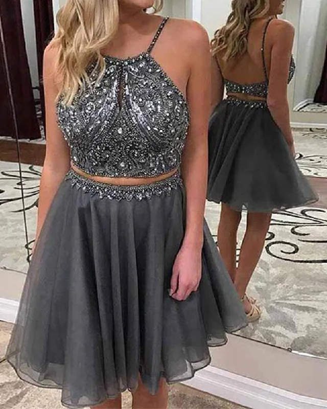 Sale On Clothing Sparkly Crop Top Short Girls 8th Graduation Dresses Gray Homecoming Dress with Beading