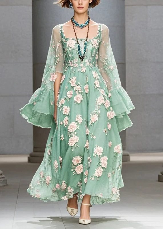 Trend Leading Collection Fashion Grass Green Three-dimensional Floral Chiffon Dress Flare Sleeve