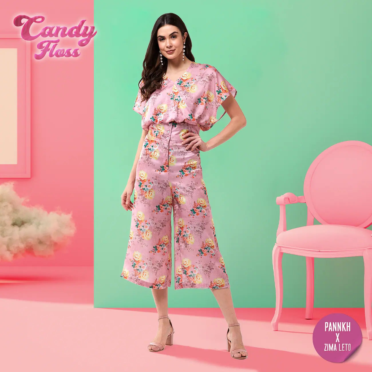 Catch Every Fashion Trend Candy Inspired Floral Digital Printed Loose Top With High Waist Pants