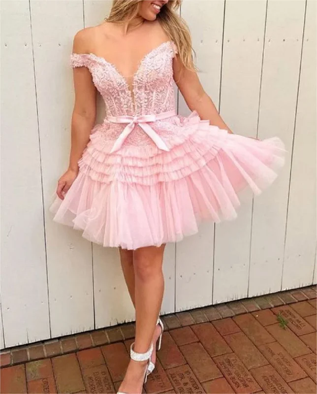 Women’s Fashion Clothing Women Princess Lace Prom Dresses Short Off Shoulder Appliques Cocktail Gowns Girls Sleeveless Homecoming Dresses Short Graduation Dress YHD306