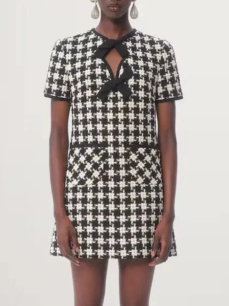 Timeless Women’s Fashion Styles Bow-Detail Black and White Houndstooth Tweed Mini Dress