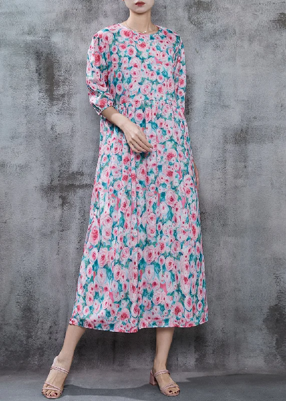 Top Deals French Pink Floral Print Cotton Long Dress Summer