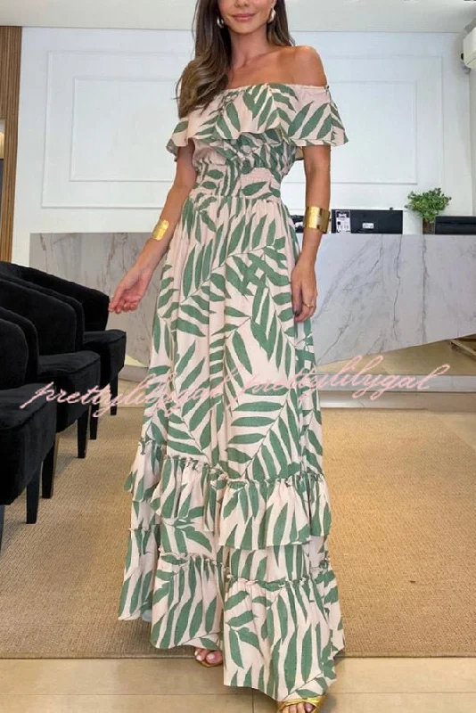 Season Appropriate Women's Collection Plant Smiles Printed Off Shoulder Elastic Waist Maxi Dress