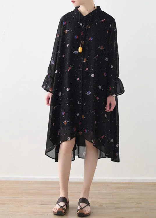 Trendy Casual Outfits 2024 Spring Summer Black Chiffon Flared Sleeve Floral Dress