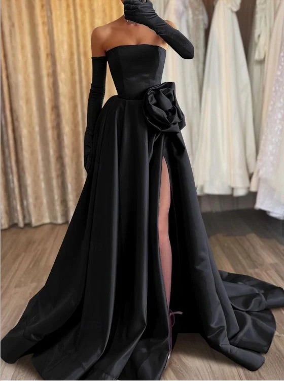 Relaxed Style A-Line Evening Gown Elegant Formal Floor Length Sleeveless Strapless Satin with Appliques