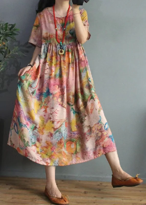 Casual Dresses for Women Bohemian Floral Silk Floss Robes O Neck Cinched Loose Summer Dress