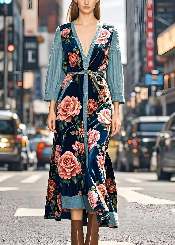 Hot Picks Art Peacock Blue Floral Patchwork Silk Velvet Long Dresses Spring