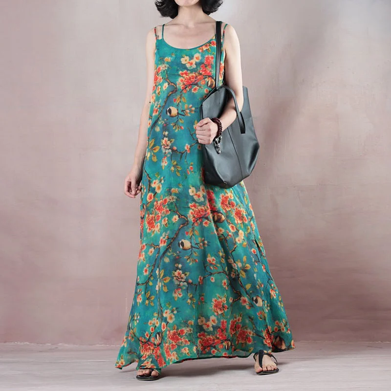 Trendy Women’s Apparel Fine blue summer maxi dress o neck Spaghetti Strap cocktail dress a line skirts floral maxi dresses