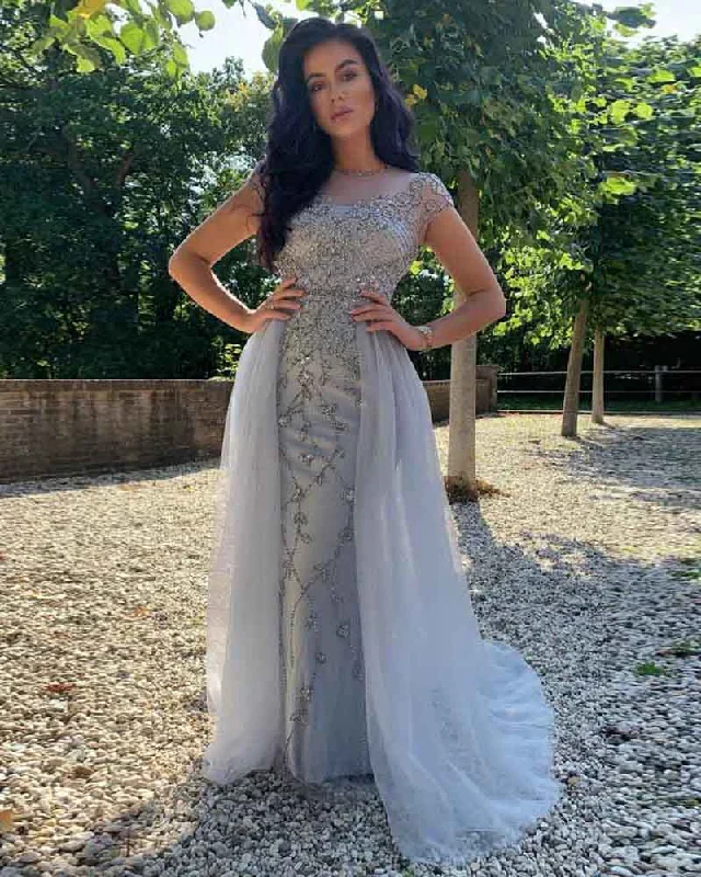 Everyday Basics In Stock Fast Shipping Silver Gray Heavy Beading Stones Senior Prom Evening Dress Girls Pageant Gown PL4152