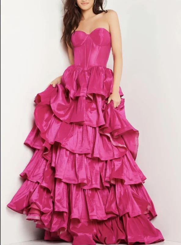 Women's Clothes Strapless Ruffle Skirt Gown In Fuchsia