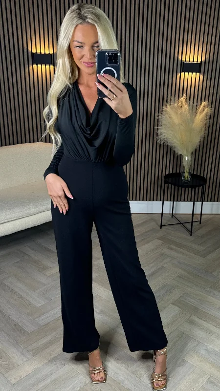 Relaxed Style Kella Black Cowl Neck Long Sleeve Jumpsuit