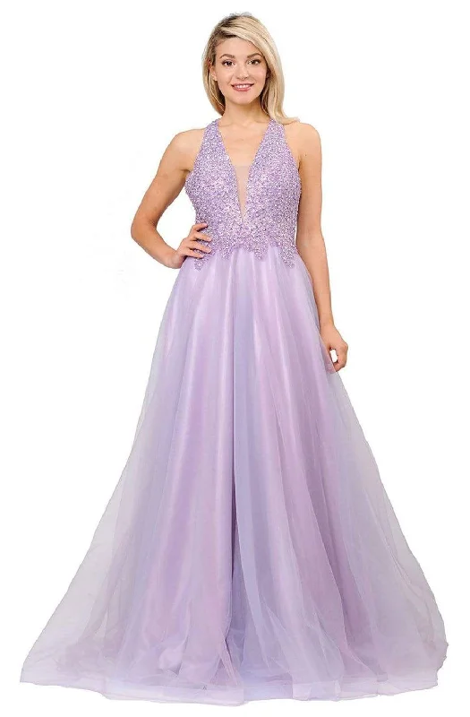 Affordable Women’s Clothing Online Poly USA - 8412 Beaded Deep V-neck Ballgown With Strappy Back