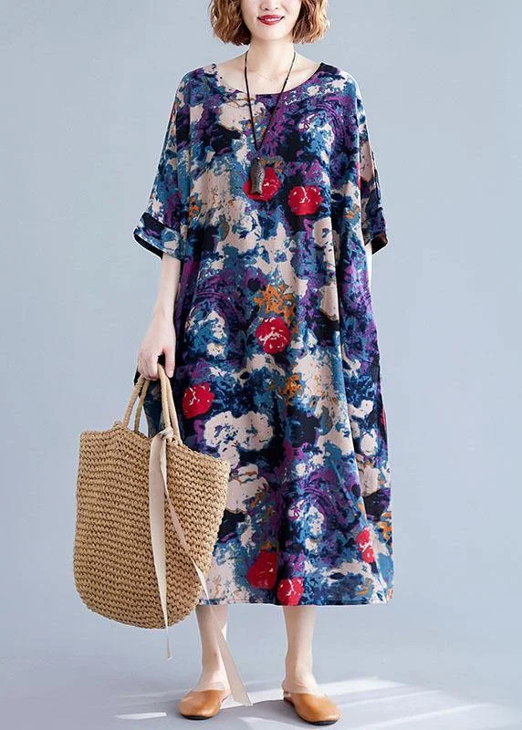 Contemporary Women’s Clothing Unique floral cotton dresses o neck baggy Maxi Dresses